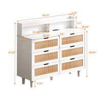 43.31"6-Drawers Rattan Storage Cabinet Rattan Drawer with LED Lights and Power Outlet,for Bedroom,Living Room,White