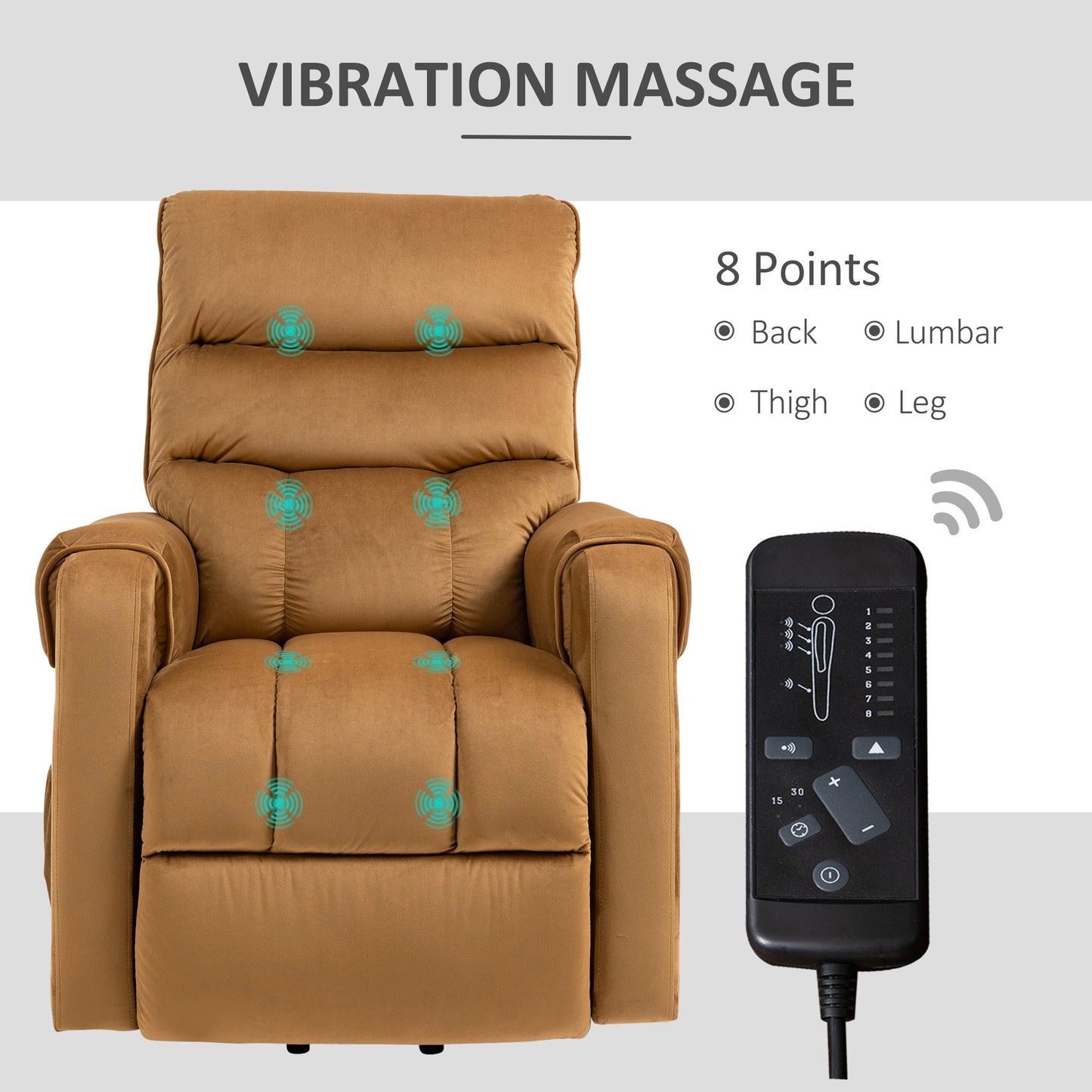 HOMCOM Power Lift Chair, Velvet Touch Upholstered Recliner Chair for Elderly with Vibration Massage, Remote Control, Side Pockets, Brown