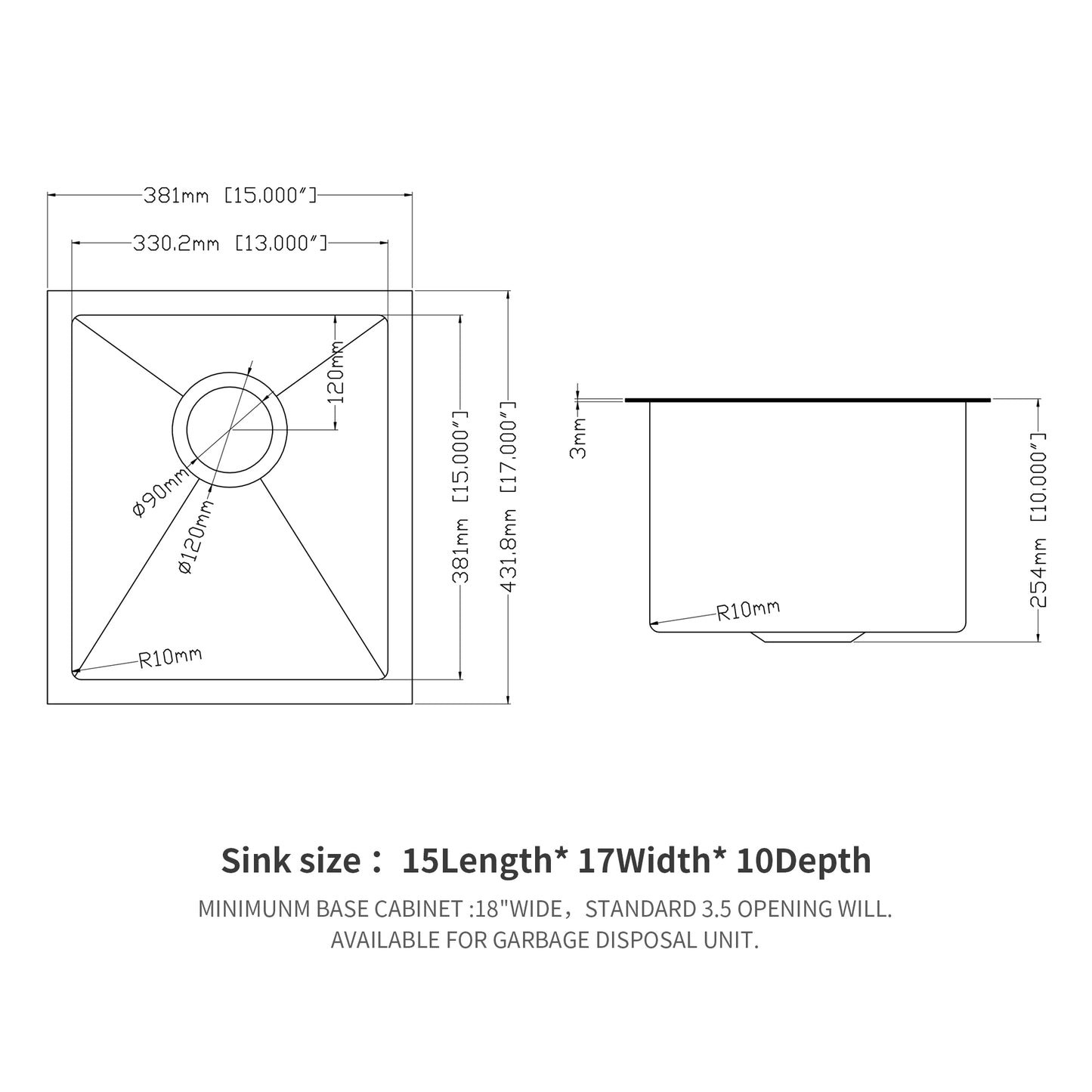 Gunmetal Black Kitchen Sink - 15"x 17"x 10" Undermount Singel Bowl Kitchen basin 16 Gauge Stainless Steel with 10 Inch Deep