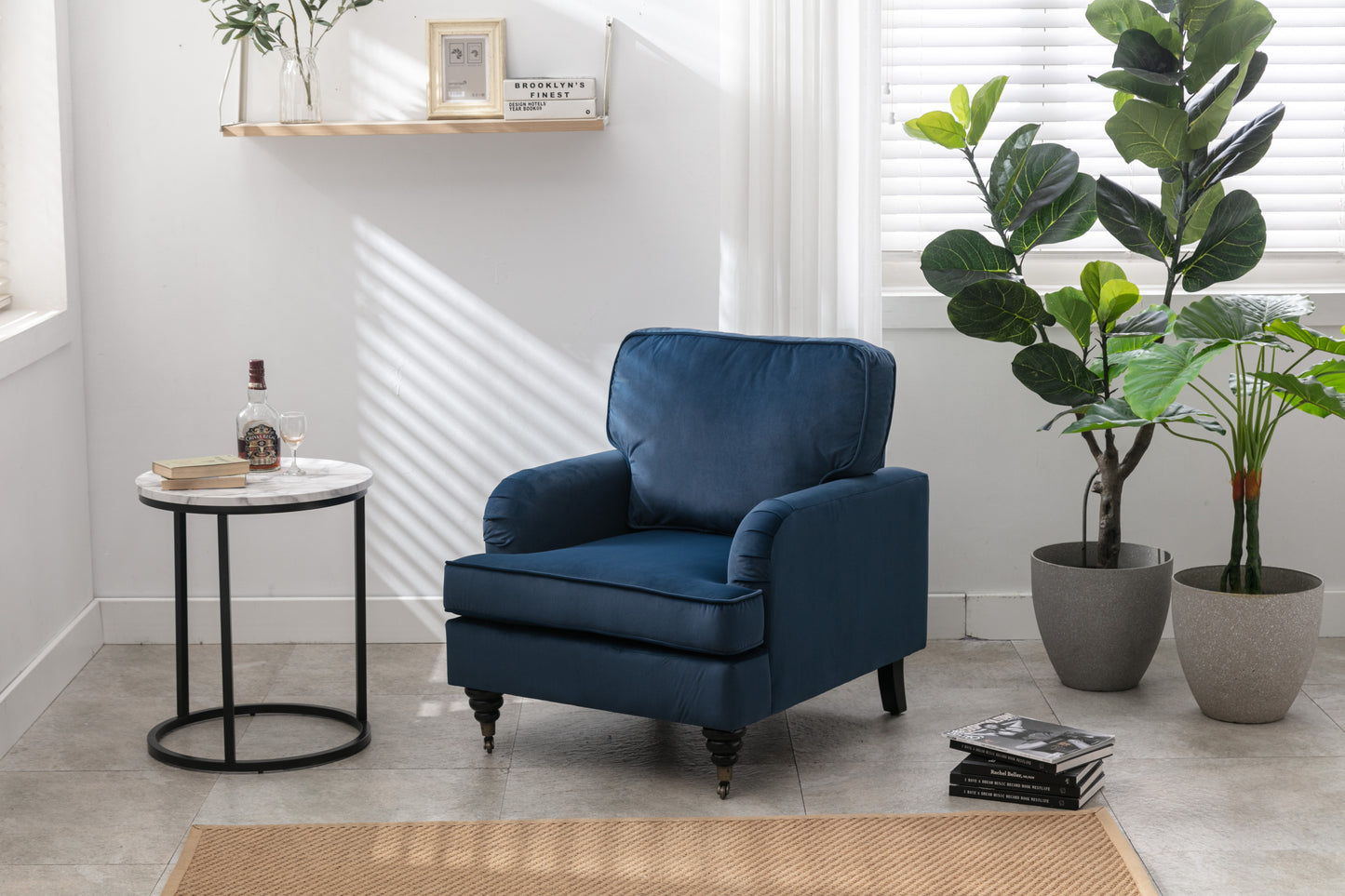 Velvet Accent Chair, Sofa Armchair with Casters, Mid-Century Modern Velvet Upholstered Comfort Oversized Armchair with Wooden Legs, Reading Chair，Living Room Chair, Dark  Blue