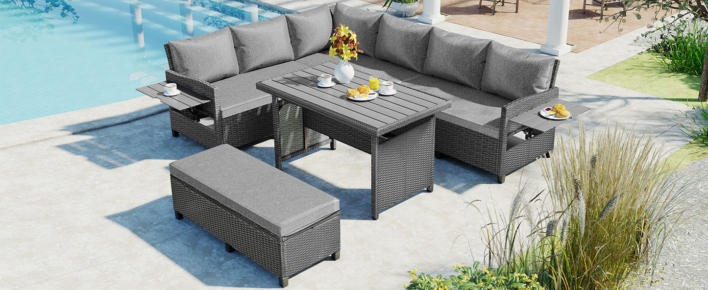 TOMAX 5-Piece Outdoor Patio Rattan Sofa Set, Sectional PE Wicker L-Shaped Garden Furniture Set with 2 Extendable Side Tables, Dining Table and Washable Covers for Backyard, Poolside, Indoor, Gray