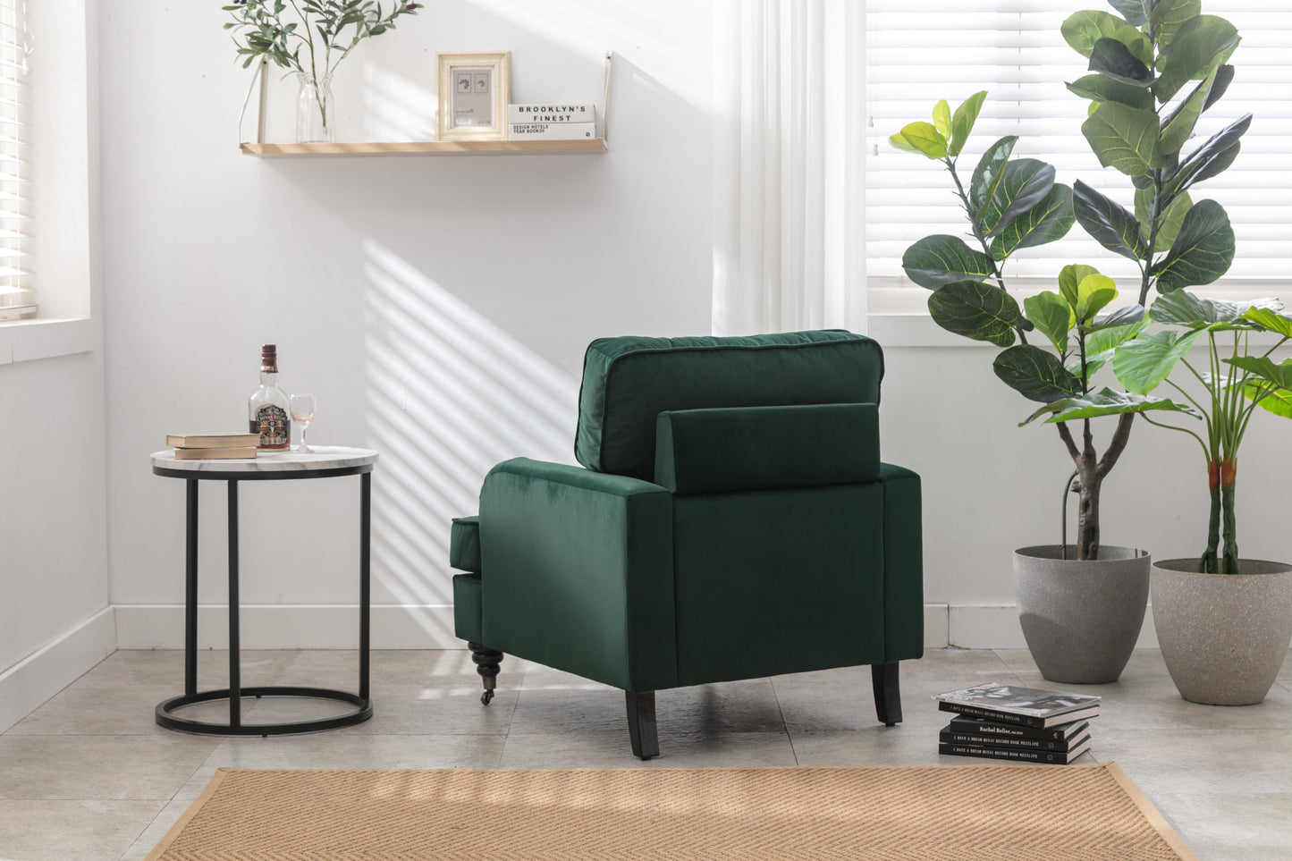 Velvet Accent Chair, Sofa Armchair with Casters, Mid-Century Modern Velvet Upholstered Comfort Oversized Armchair with Wooden Legs, Reading Chair，Living Room Chair, Dark  Green