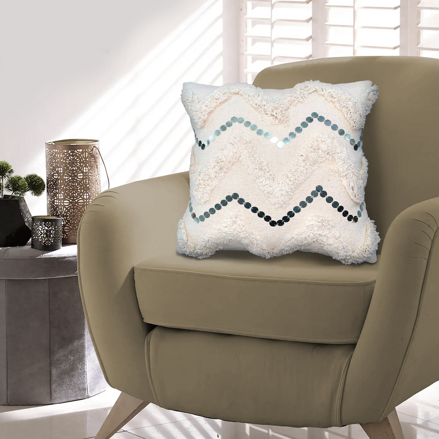 18 x 18 Square Cotton Accent Throw Pillow, Handcrafted Chevron Patchwork, Sequins, Blush Pink