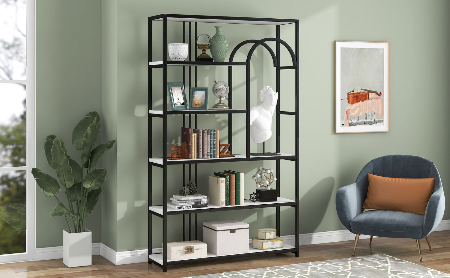 70.9 Inch Home Office Bookcase Open Bookshelf Storage Large 6 Shelf Bookshelf Furniture with Black Metal Frame, White