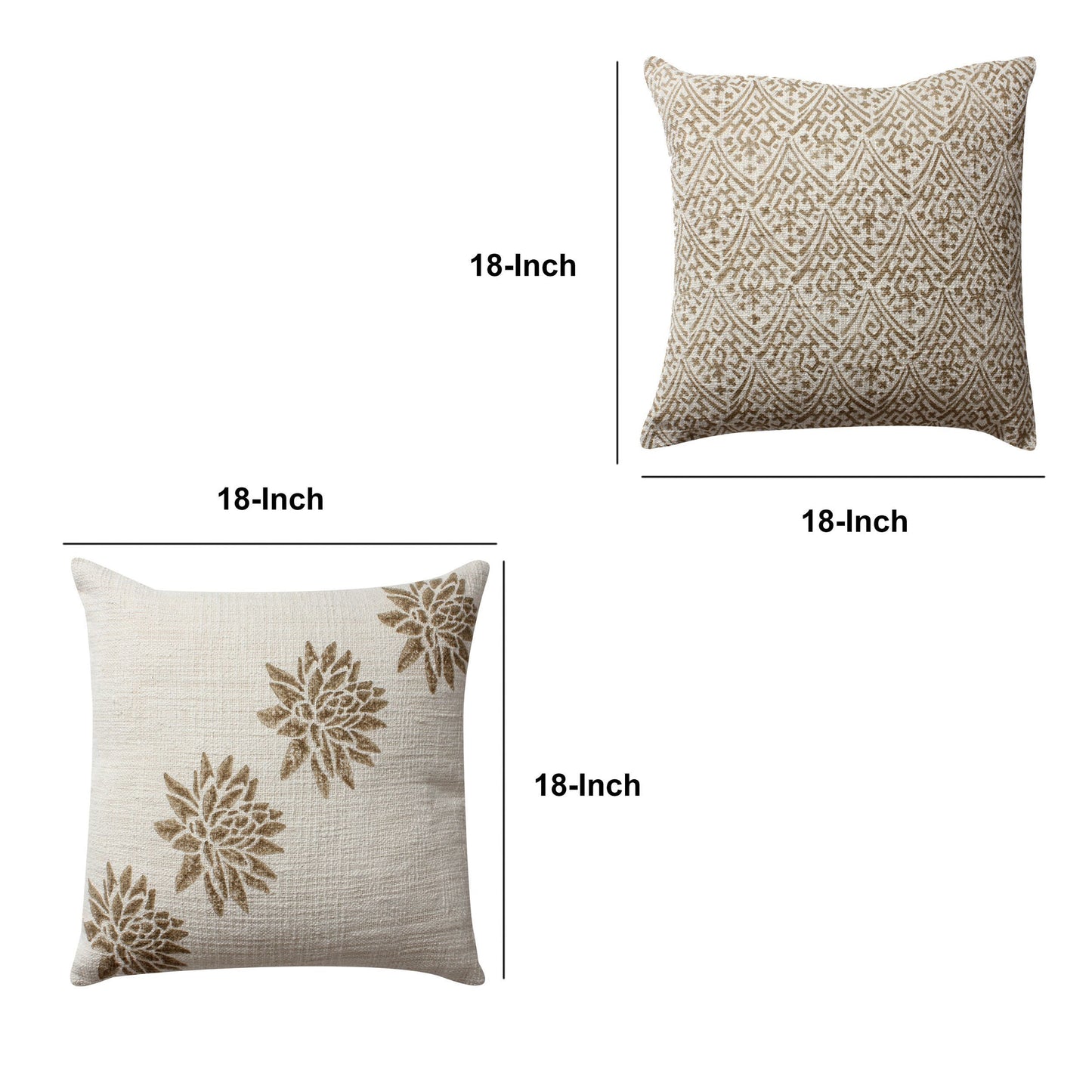 18 x 18 Square Cotton Accent Throw Pillow, Floral and Block Print Patterns, Set of 2, Gold, Off White