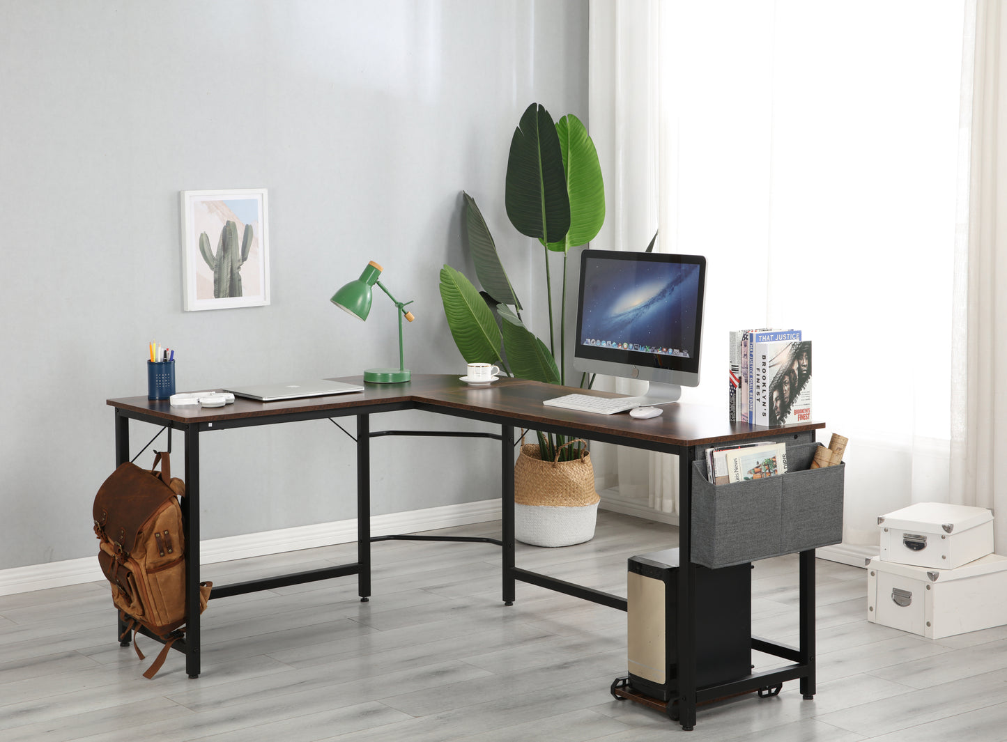 Modern Design L-Shaped Desk Corner Computer Desk PC laptop Computer Table Study Desk Home Office Wood & Metal Pella oak（包含机箱托，书包挂钩，布抽收纳袋）