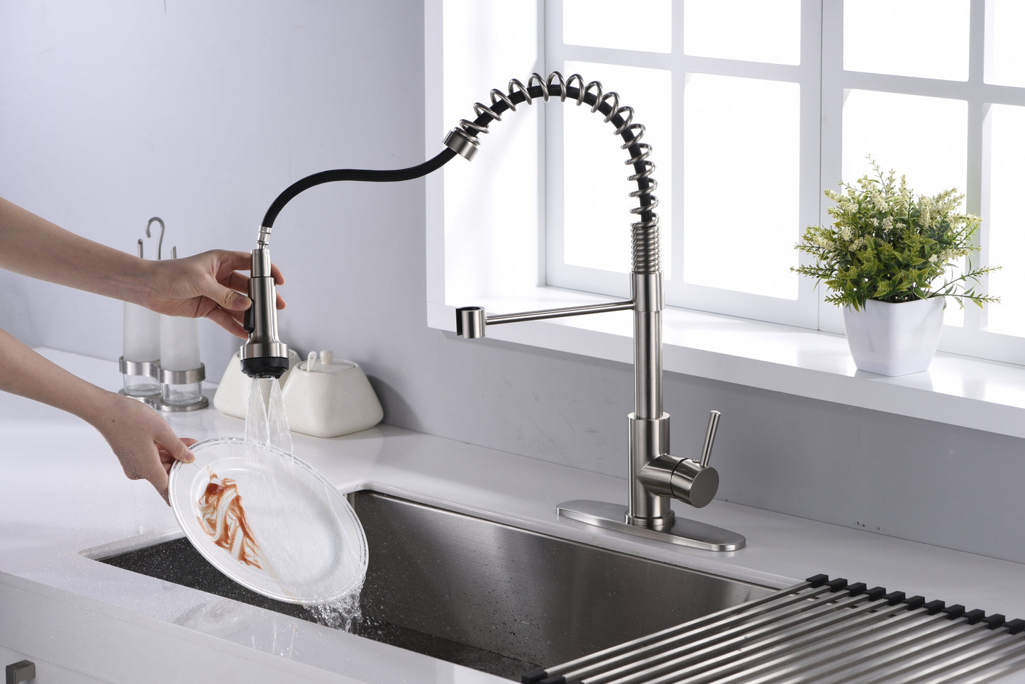 Two-Handle Kitchen Faucet with Pull-Out Side Sprayer, 360 Swivel 304 Stainless steel, 4-hole 8 inch installation, Brushed Nickel