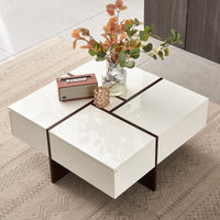 Victoria Collection Modern Style High Gloss & Veneer Finished Living Room Square Coffee Table with 4 Drawers - White & Walnut, Particle Board