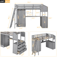 Twin Size Loft Bed with Wardrobe and Drawers, attached Desk with Shelves, Gray