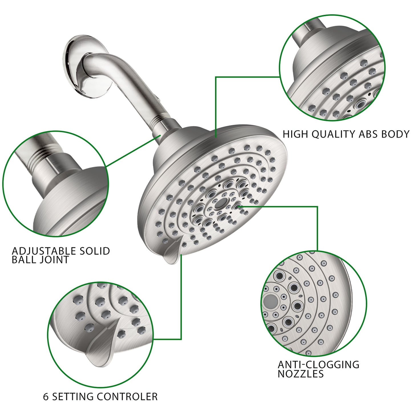 6 Spray Settings High Pressure Shower Head 5" Rain Fixed Showerhead - Brushed Nickel Adjustable Shower Head with Anti-Clogging Nozzles, Low Flow Easily Installation