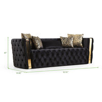 Naomi Button Tufted 3 Pc Sofa Set with Velvet Fabric and Gold Accent in Black