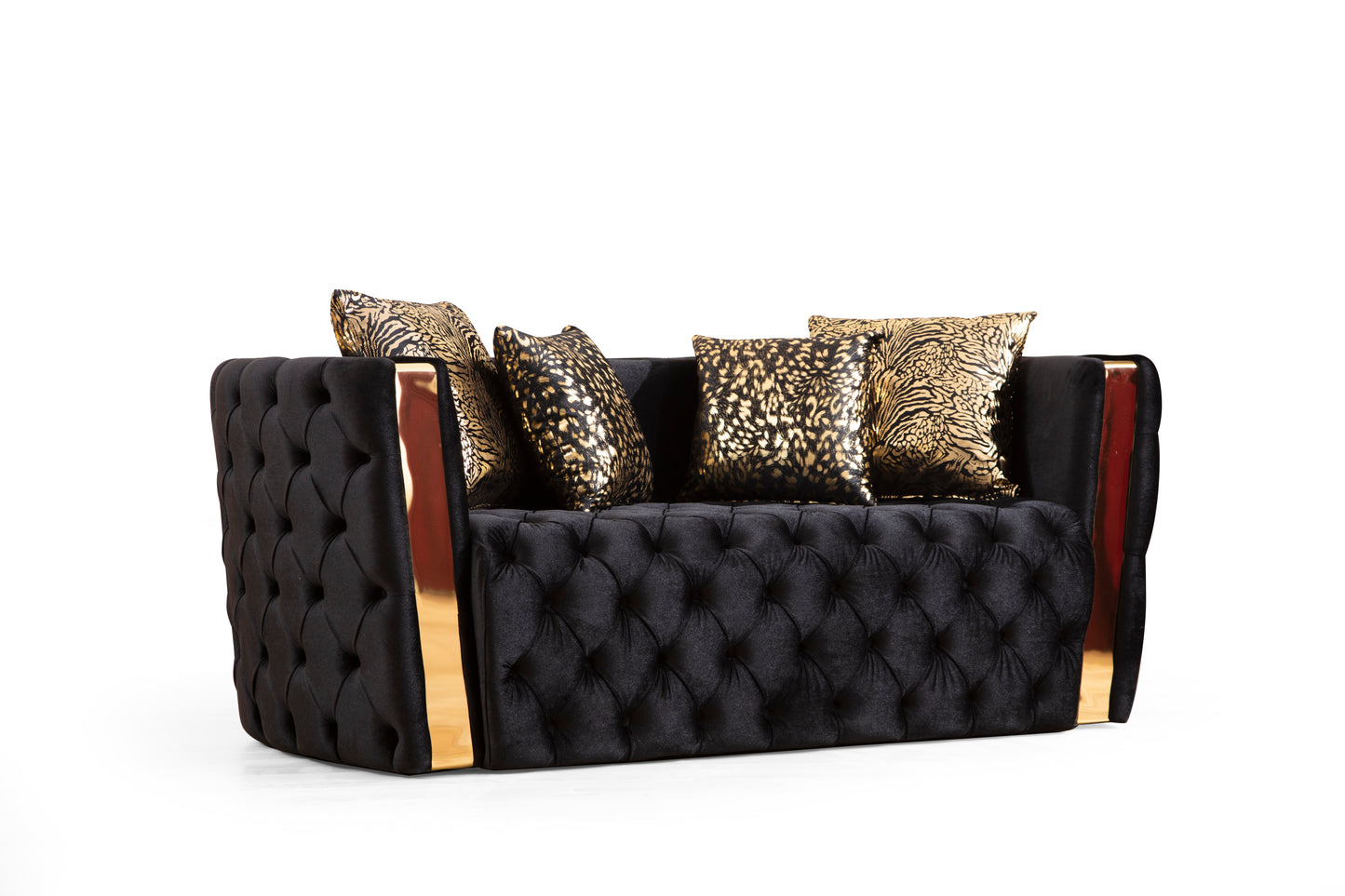 Naomi Button Tufted 3 Pc Sofa Set with Velvet Fabric and Gold Accent in Black