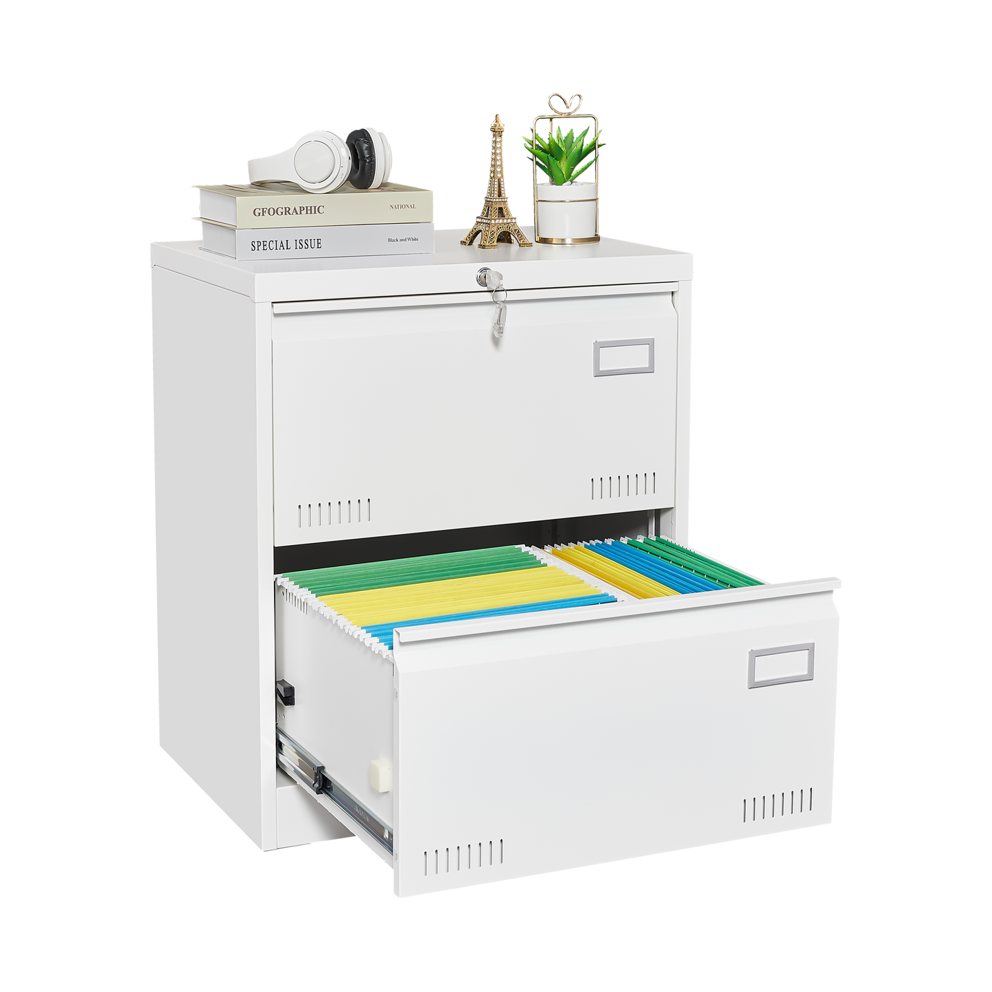 Filing Cabinet Lateral File Cabinet 2 Drawer, White Filing Cabinets with Lock, Locking Metal File Cabinets Three Drawer Office Cabinet for Legal/Letter/A4/F4 Home Offic