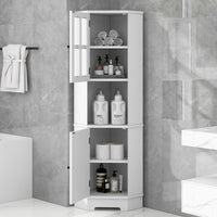 Tall Bathroom Storage Cabinet, Corner Cabinet with Glass Door, Open Storage, Adjustable Shelf, White