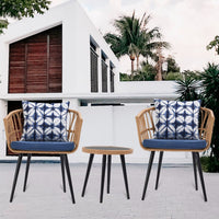 3-Piece Patio Wicker Round 16 in. H Coffeee Table Outdoor Bistro Conversation Set Rattan Chair with Blue Cushions