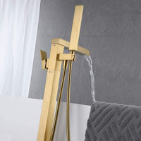 Bathroom Freestanding Waterfall Tub filler Brushed Gold Floor Mount Faucet with Hand Shower