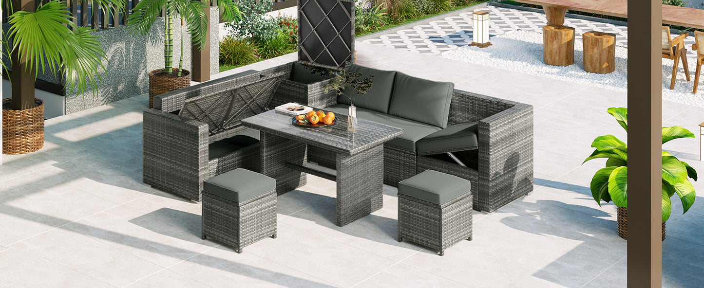 TOPMAX Outdoor 6-Piece All Weather PE Rattan Sofa Set, Garden Patio Wicker Sectional Furniture Set with Adjustable Seat, Storage Box, Removable Covers and Tempered Glass Top Table,Grey