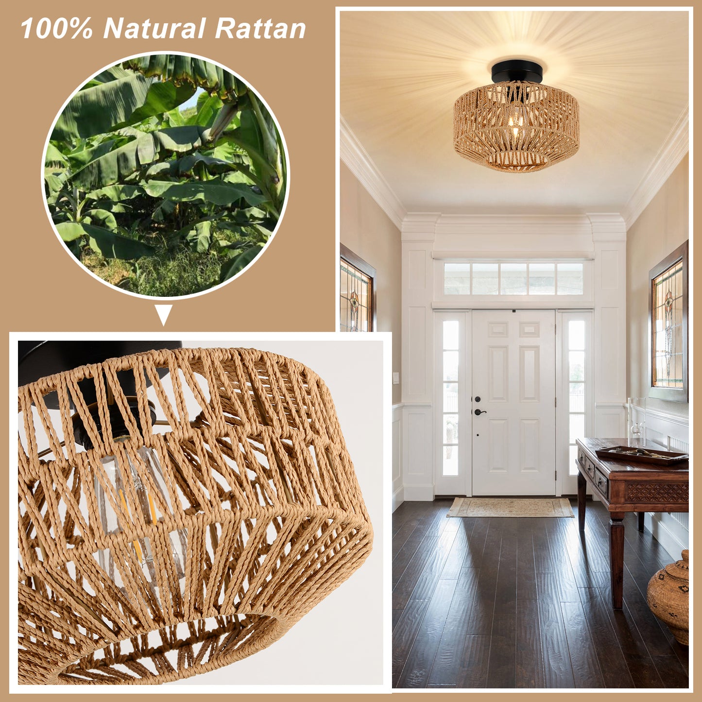 Mini Rattan Flush Mount  Light with Dimmable LED Bulb