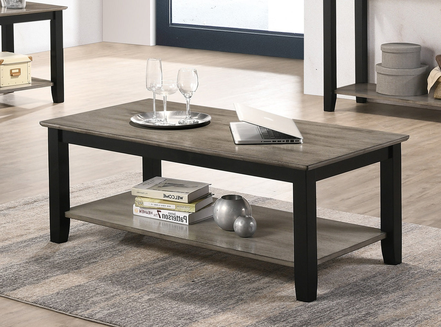 Coffee Table With Open Shelf In Dark Brown And Grey