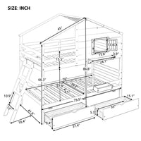 Twin over Twin Bunk Bed with 2 Drawers, 1 Storage Box, 1 Shelf, Window and Roof-Gray(OLD SKU:LT000608AAE)