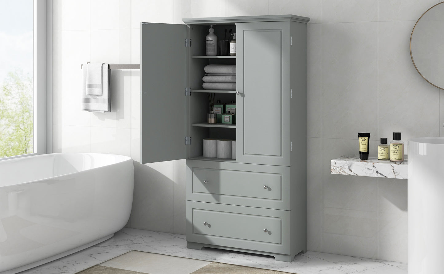 Wide Bathroom Storage Cabinet, Freestanding Storage Cabinet with Two Drawers and Adjustable Shelf, MDF Board with Painted Finish, Grey