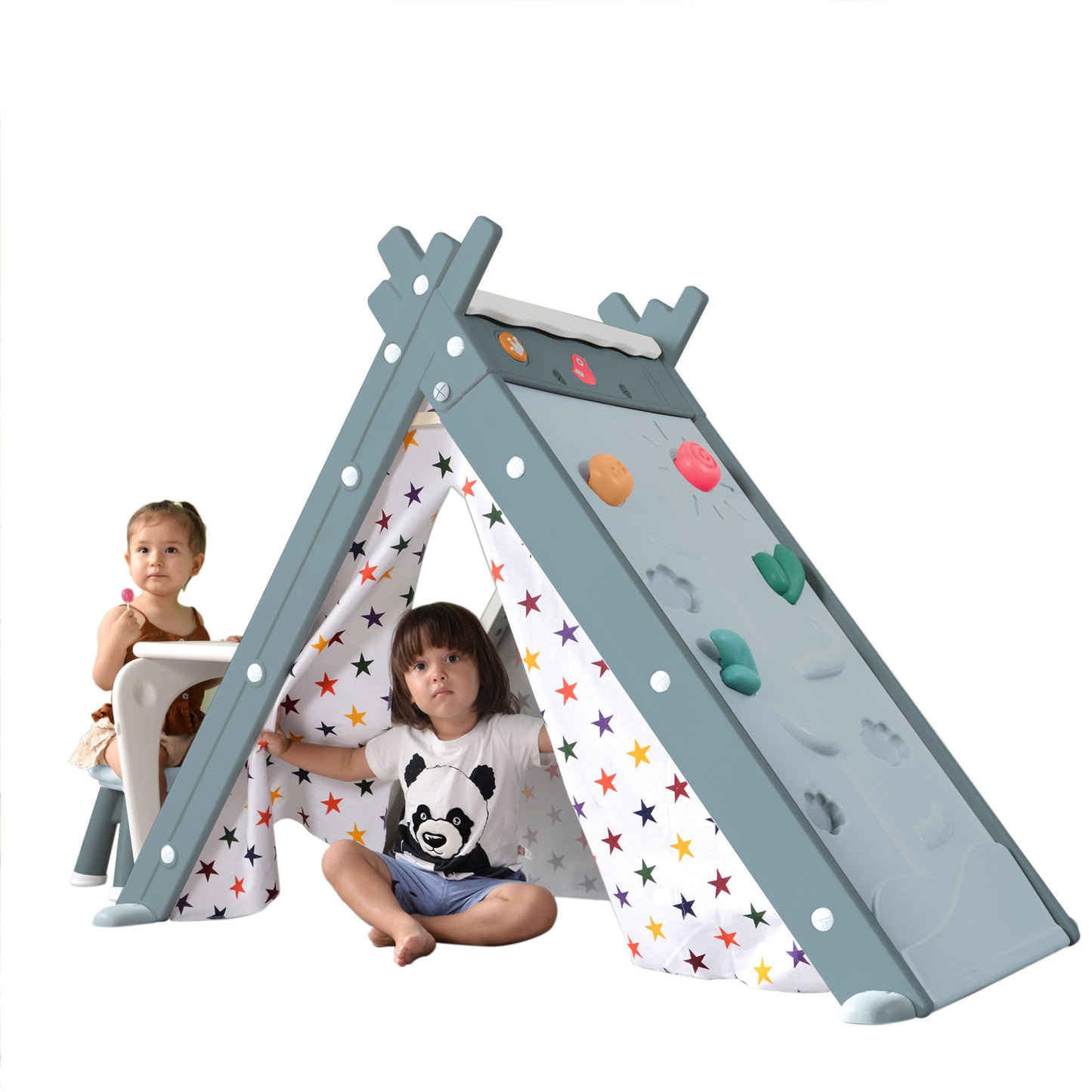 Kids Play Tent - 4 in 1 Teepee Tent with Stool and Climber, Foldable Playhouse Tent for Boys & Girls