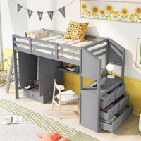 Twin Size Loft Bed with Wardrobe and Drawers, attached Desk with Shelves, Gray