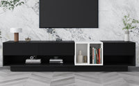 ON-TREND Sleek and Stylish TV Stand with Perfect Storage Solution, Two-tone Media Console for TVs Up to 80'', Functional TV Cabinet with Versatile Compartment for Living Room, Black