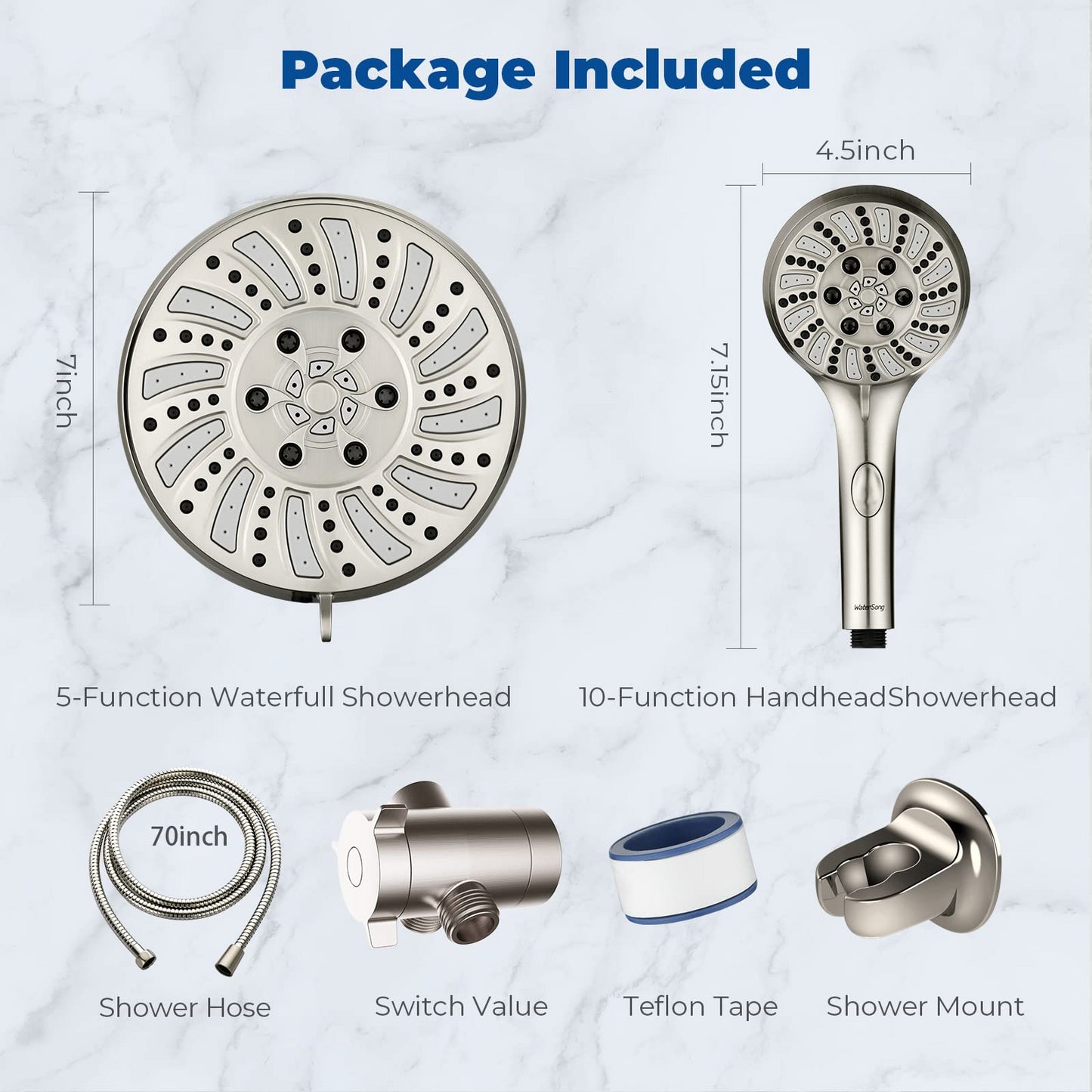 Shower Head Combo -  4.5'' 6-Setting Handheld Showerhead and 7'' 5-Setting Rainfall Spray, One Click for High Pressure/Trickle Mode, with 70'' Longer Stainless Steel Hose, Brushed Nickel