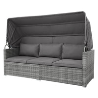 TOPMAX 5 Pieces Outdoor Sectional Patio Rattan Sofa Set Rattan Daybed , PE Wicker Conversation Furniture Set w/ Canopy and Tempered Glass Side Table, Gray