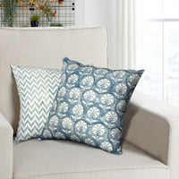 18 x 18 Square Cotton Accent Throw Pillow, Floral and Chevron Patterns, Set of 2, White, Blue