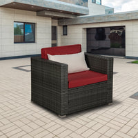 Outdoor Garden Patio Furniture 1-Piece Gray PE Rattan Wicker Sectional Red Cushioned Sofa with 1 Beige Pillow