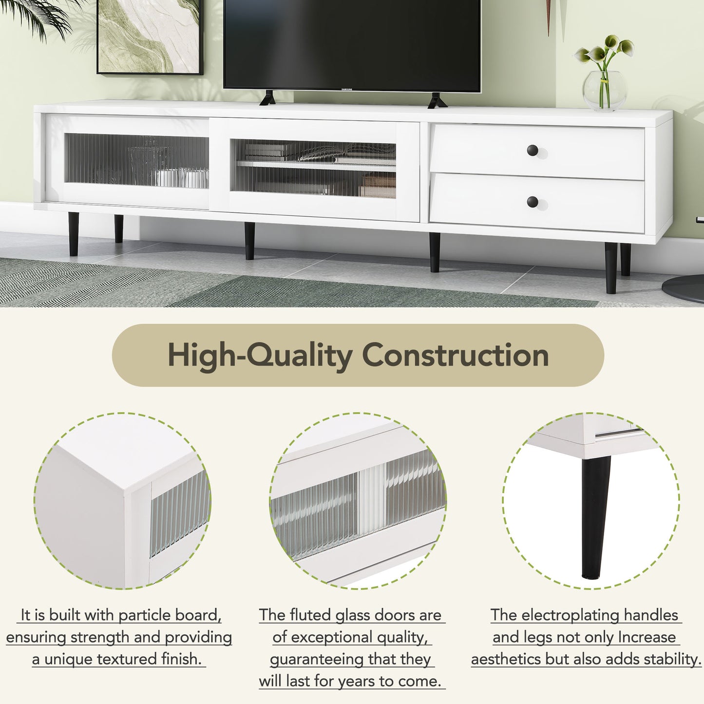 ON-TREND Chic Elegant Design TV Stand with Sliding Fluted Glass Doors, Slanted Drawers Media Console for TVs Up to 75", Modern TV Cabinet with Ample Storage Space, White