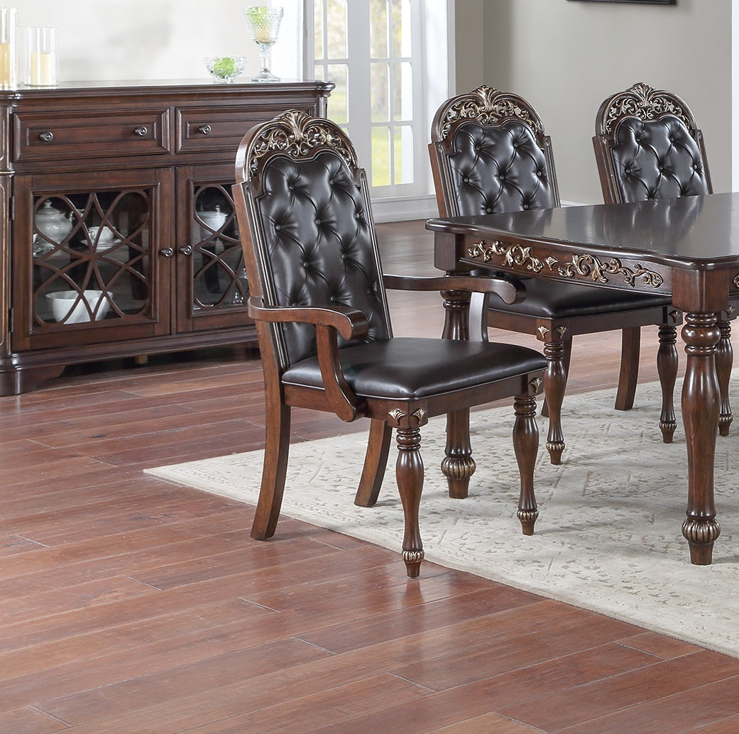 Traditional Brown Finish 9pc Dining Set Table w 2x Arm Chairs 6x Side Chairs Rubber wood Intricate Design Tufted back Cushion Seat Dining Room Furniture