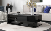 ON-TREND Modern Coffee Table with Tempered Glass, Wooden Cocktail Table with High-gloss UV Surface, Modernist 2-Tier Rectangle Center Table for Living Room, Black