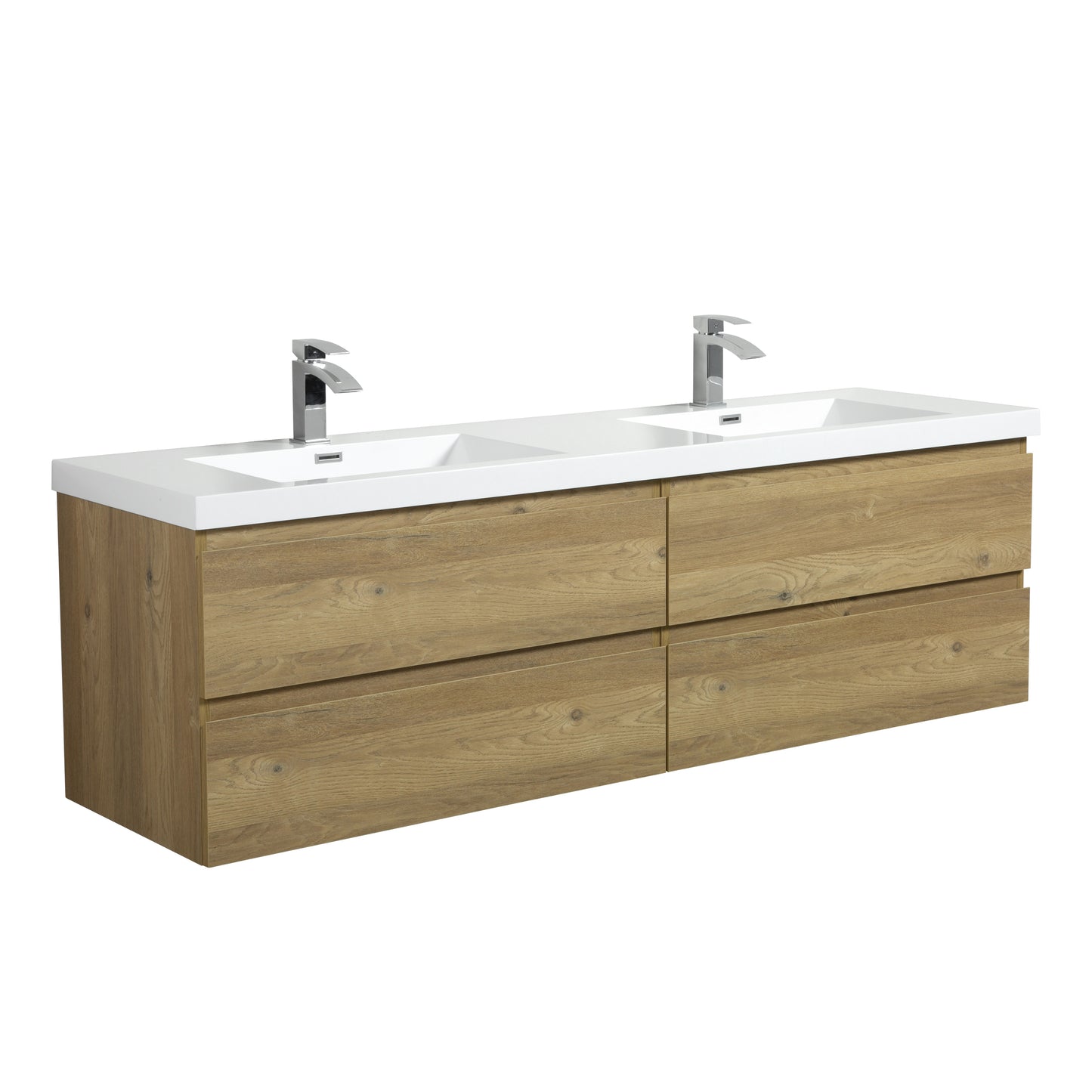 71'' Wall Mounted Double Bathroom Vanity in Natural Wood With White Solid Surface sink