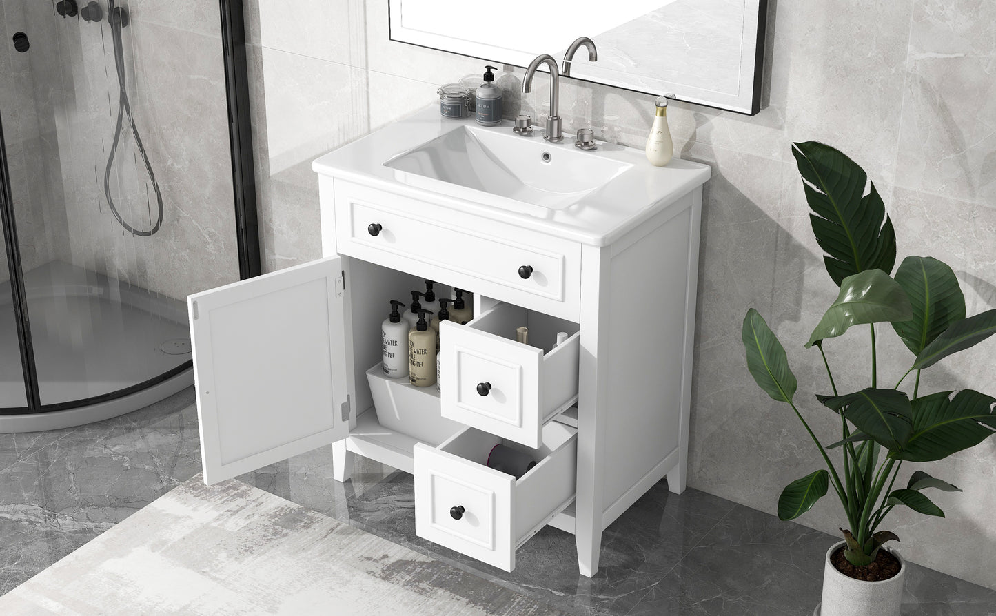 30" Bathroom Vanity with Sink Top, Bathroom Vanity Cabinet with Door and Two Drawers, Solid Wood Frame, One Package, White