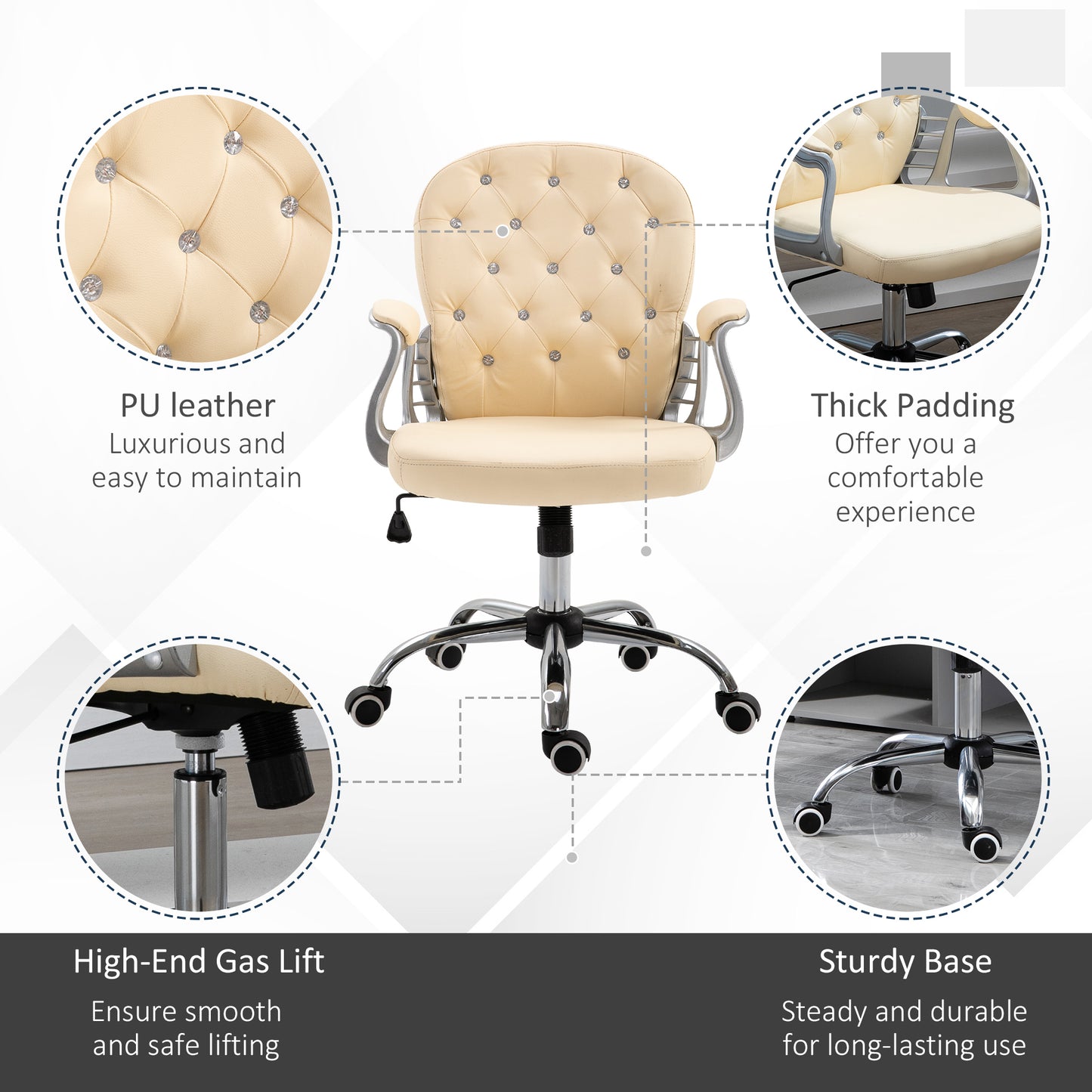 Vinsetto PU Leather Home Office Chair, Button Tufted Desk Chair with Padded Armrests, Adjustable Height and Swivel Wheels, Beige