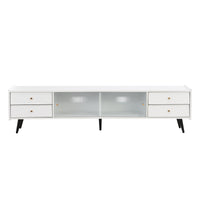 ON-TREND Contemporary TV Stand with Sliding Fluted Glass Doors, Slanted Drawers Media Console for TVs Up to 70", Chic Elegant TV Cabinet with Golden Metal Handles , White