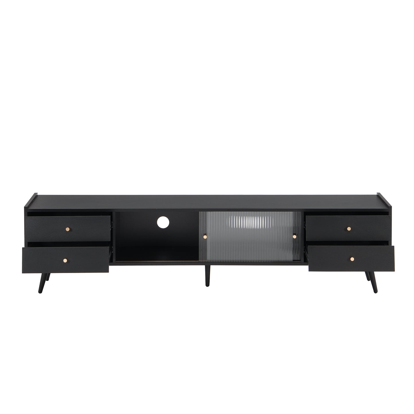 ON-TREND Contemporary TV Stand with Sliding Fluted Glass Doors, Slanted Drawers Media Console for TVs Up to 70", Chic Elegant TV Cabinet with Golden Metal Handles , Black