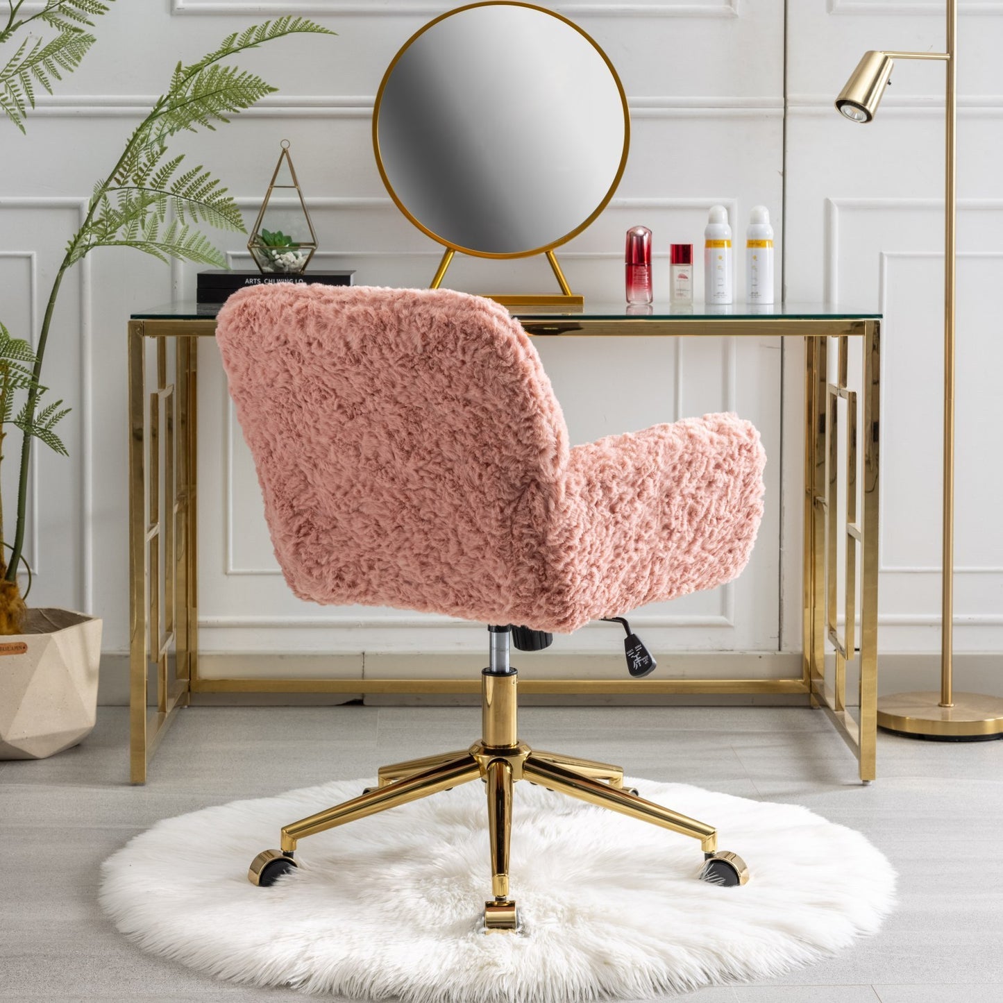 A&A Furniture Office Chair,Artificial rabbit hair Home Office Chair with Golden Metal Base,Adjustable Desk Chair Swivel Office Chair,Vanity Chair(Pink)