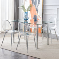 Modern minimalist glass dining table. A transparent tempered glass desktop with a thickness of 0.3 feet and silver metal legs. Suitable for restaurants and living rooms.   51"*31.4"*29.5"