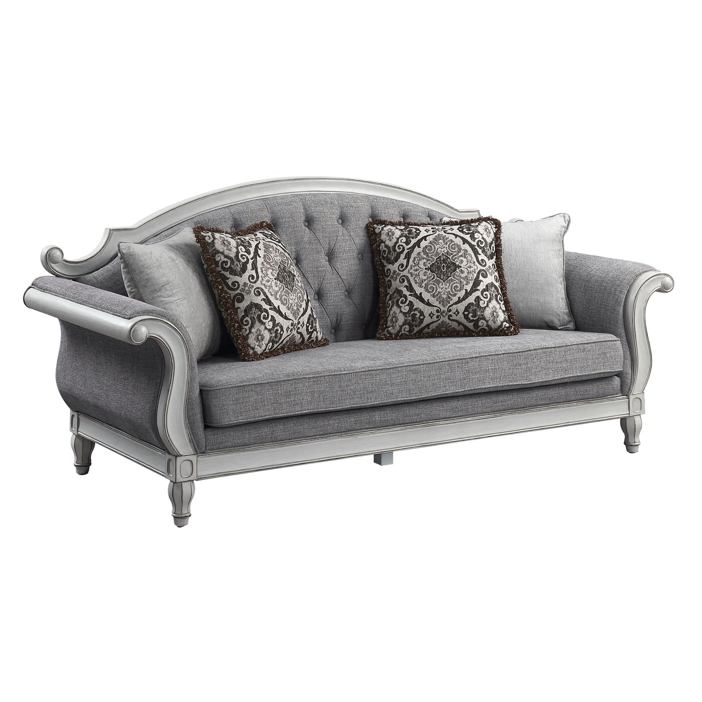 ACME Florian Sofa w/4 Pillows, Gray Fabric & Antique White Finish LV02119