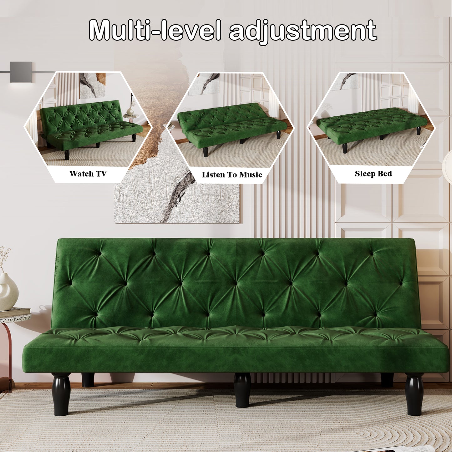 2534B Sofa converts into sofa bed 66" green velvet sofa bed suitable for family living room, apartment, bedroom