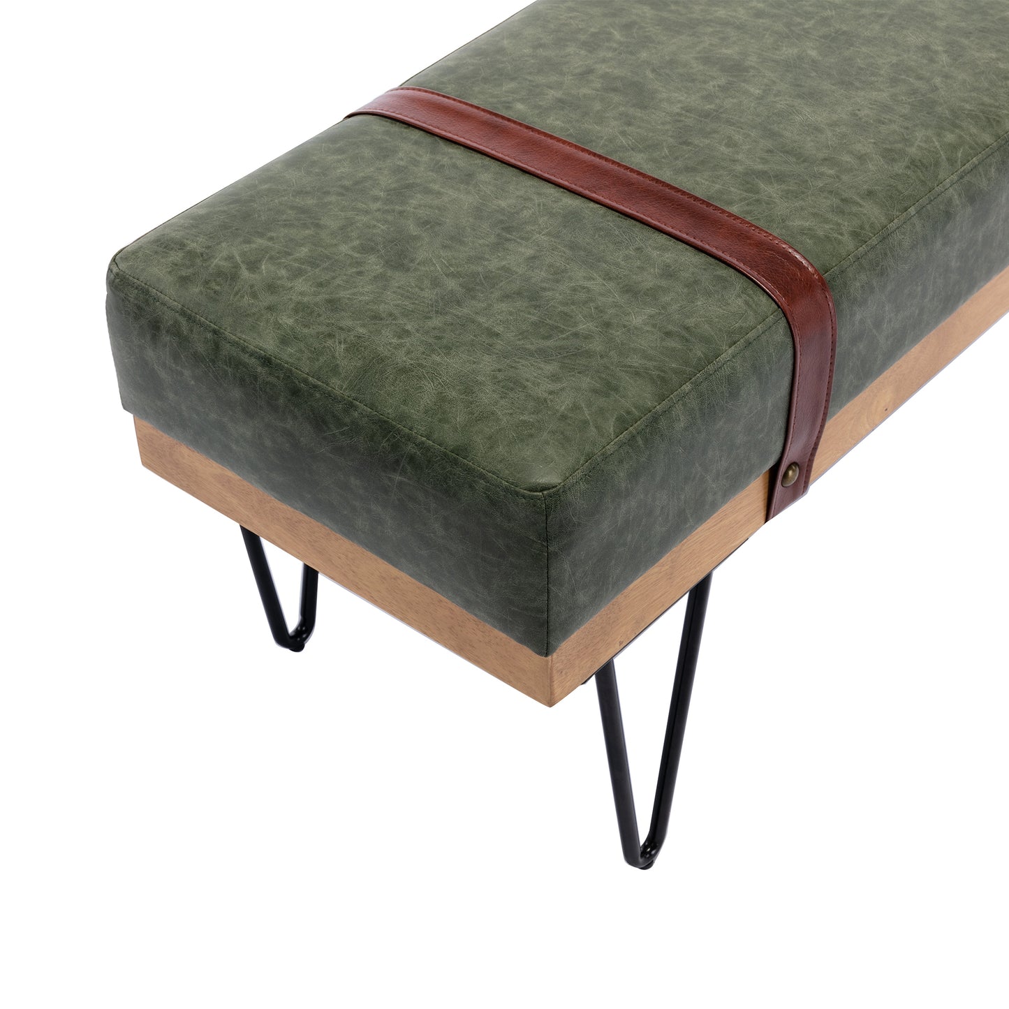 Faux leather soft cushion Upholstered solid wood frame Rectangle bed bench with powder coating metal legs ,Entryway footstool