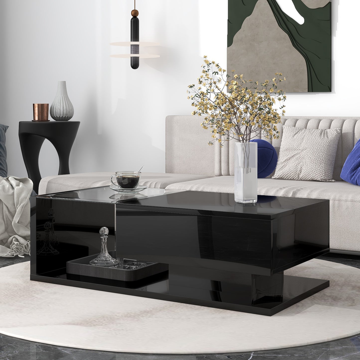 ON-TREND Modern Coffee Table with Tempered Glass, Wooden Cocktail Table with High-gloss UV Surface, Modernist 2-Tier Rectangle Center Table for Living Room, Black