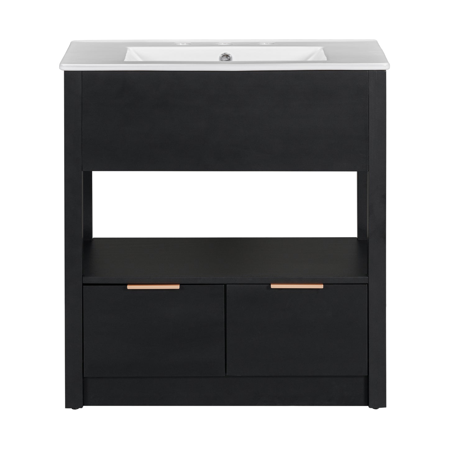 30" Bathroom Vanity with Sink Top, Bathroom Cabinet with Open Storage Shelf and Two Drawers, One Package, Black