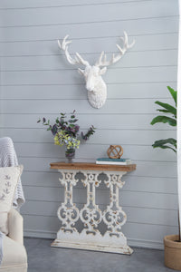 32" x 12" x 32" Classic Vintage White Wash Console Table with Brown Wood Top