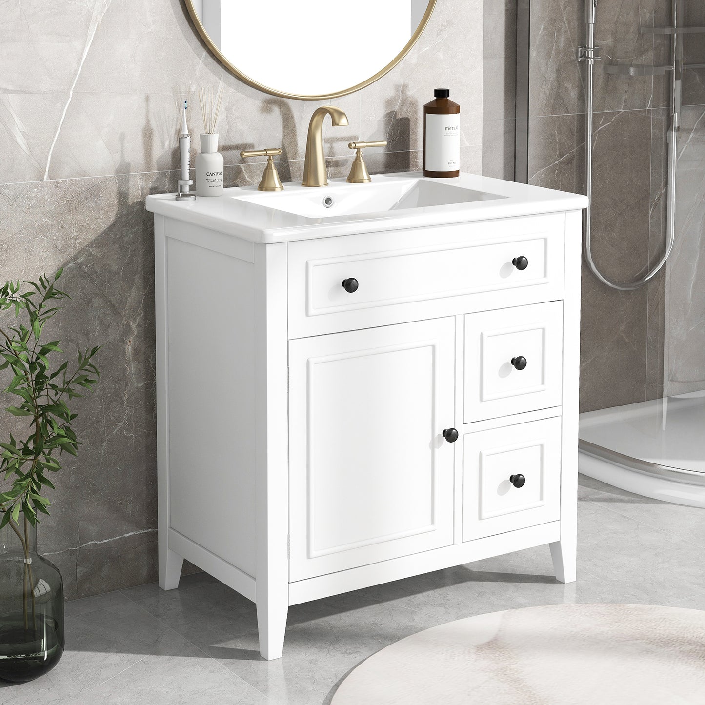 30" Bathroom Vanity with Sink Top, Bathroom Vanity Cabinet with Door and Two Drawers, Solid Wood Frame, One Package, White