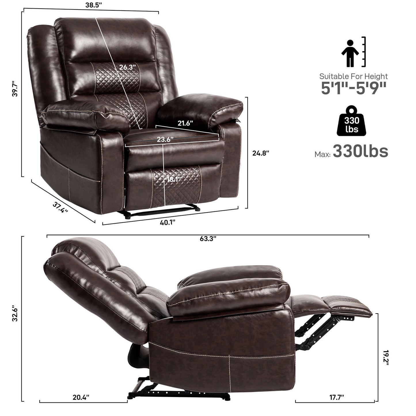 Breathable Leather Massage Recliner Chair, Manual Living Room Reclining Sofa